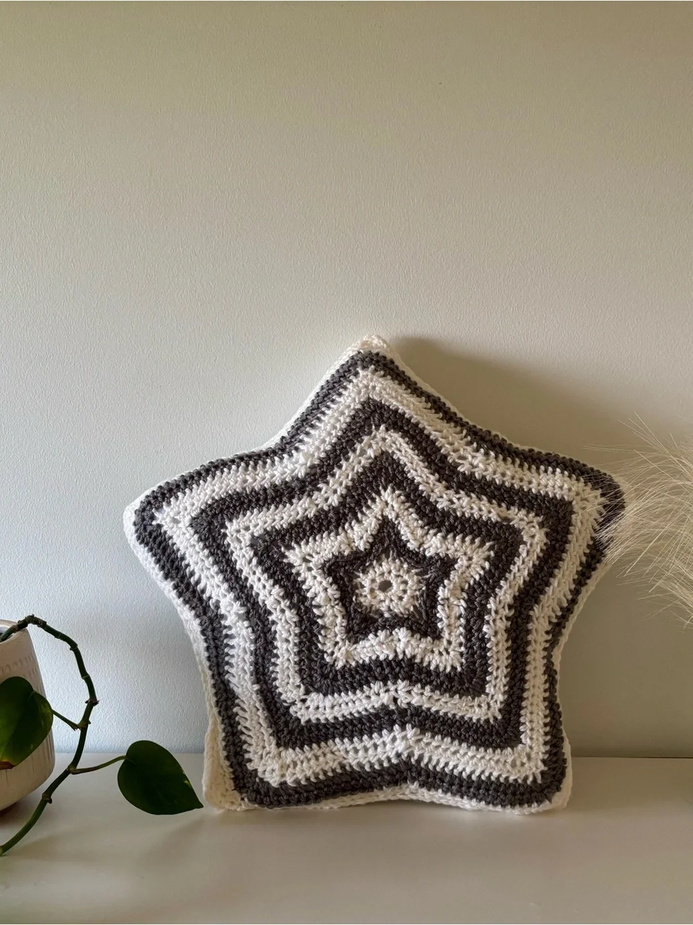 Handmade Star Crochet Pillow in White and Charcoal